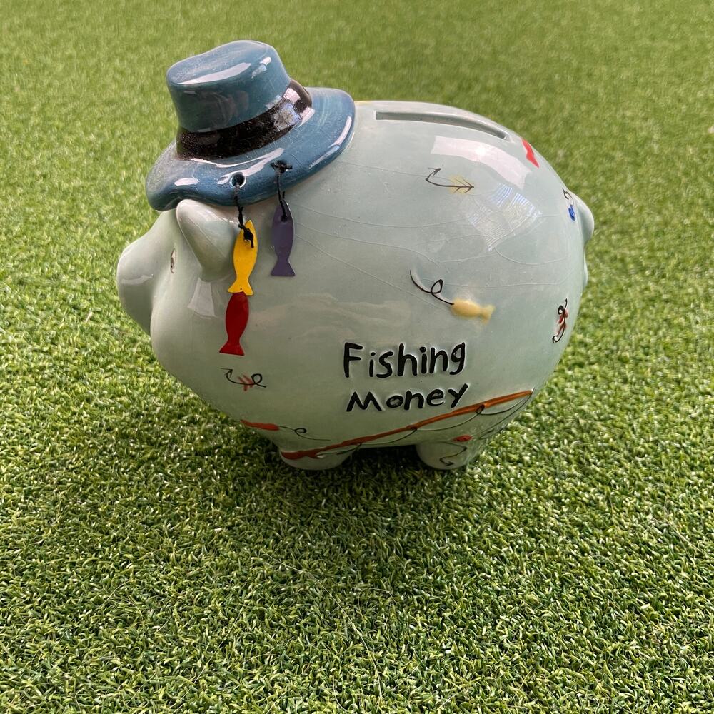 Vintage Child to Cherish Gone Fishing Light Blue Ceramic Piggy Bank